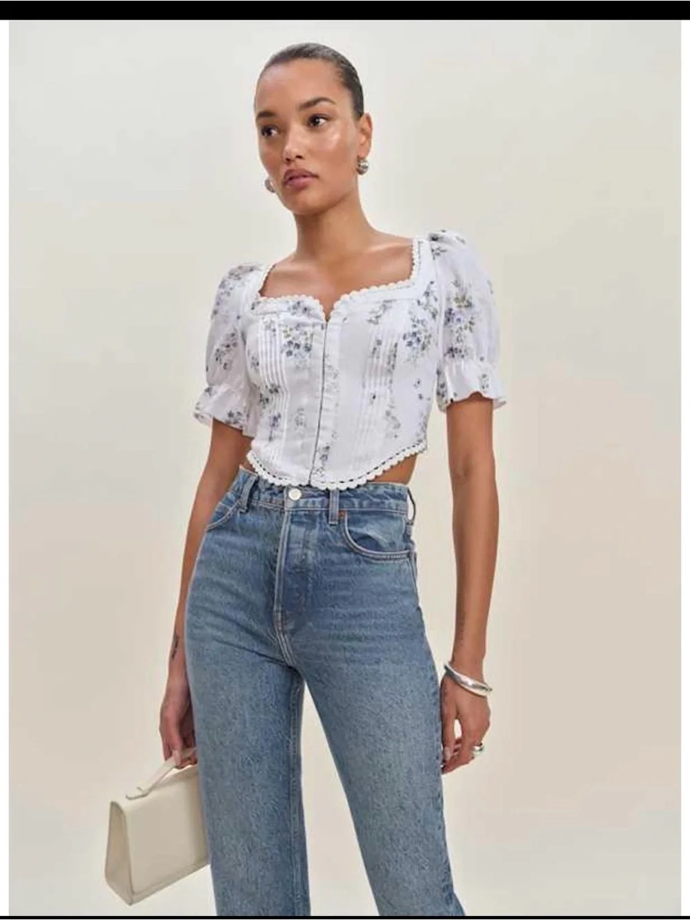 Reformation White Floral Square-Neck Puff Sleeve Crop Top its new